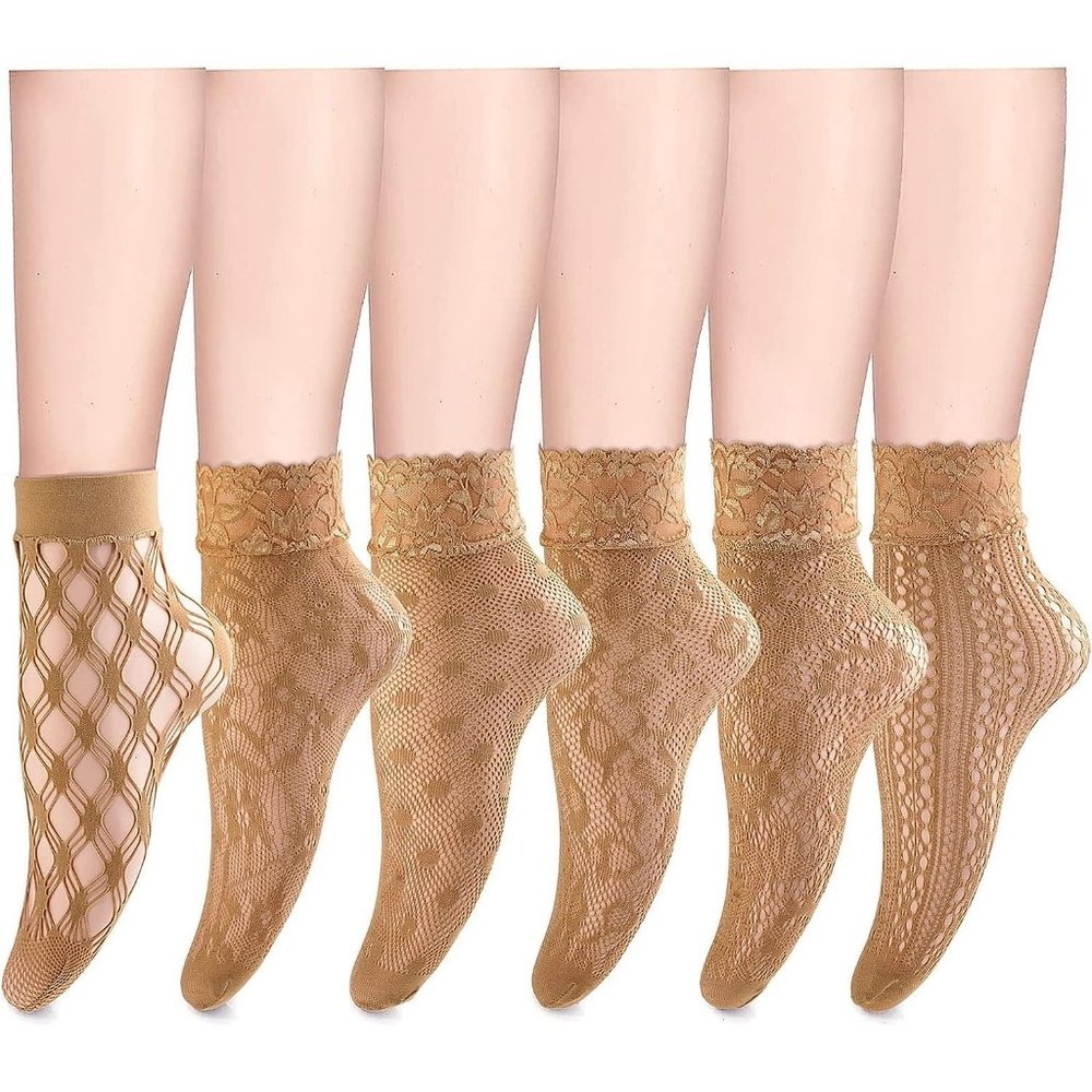 6 Pairs Women Brown Lace Fishnet Anklet Socks